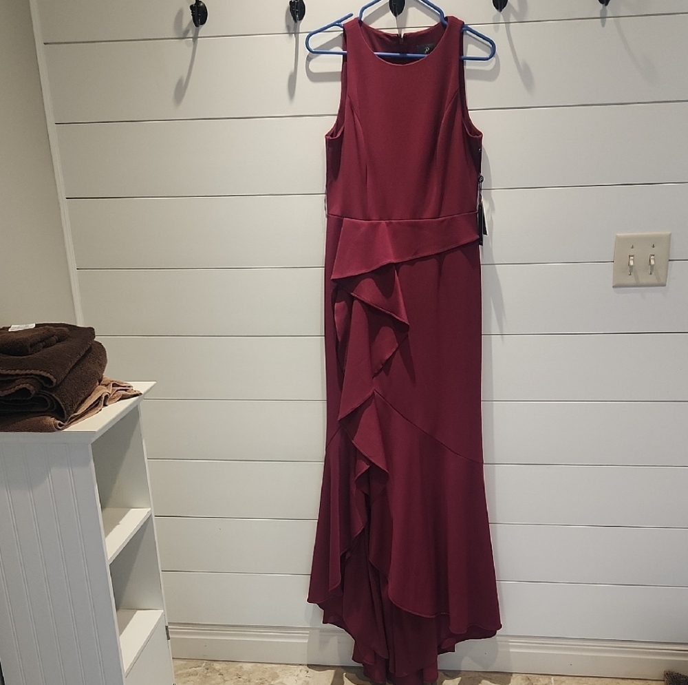 Adrianna Papell Red Asymmetrical Ruffled Halter Gown